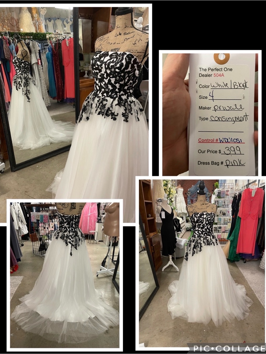 Strapless White Tulle Gown With Black Appliqu